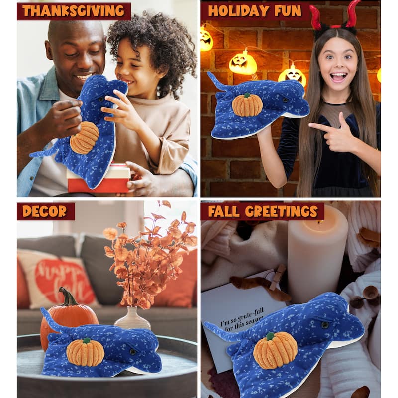 DolliBu Spotted Blue Ray Stuffed Animal with Pumpkin Plush Decor - 17 inches