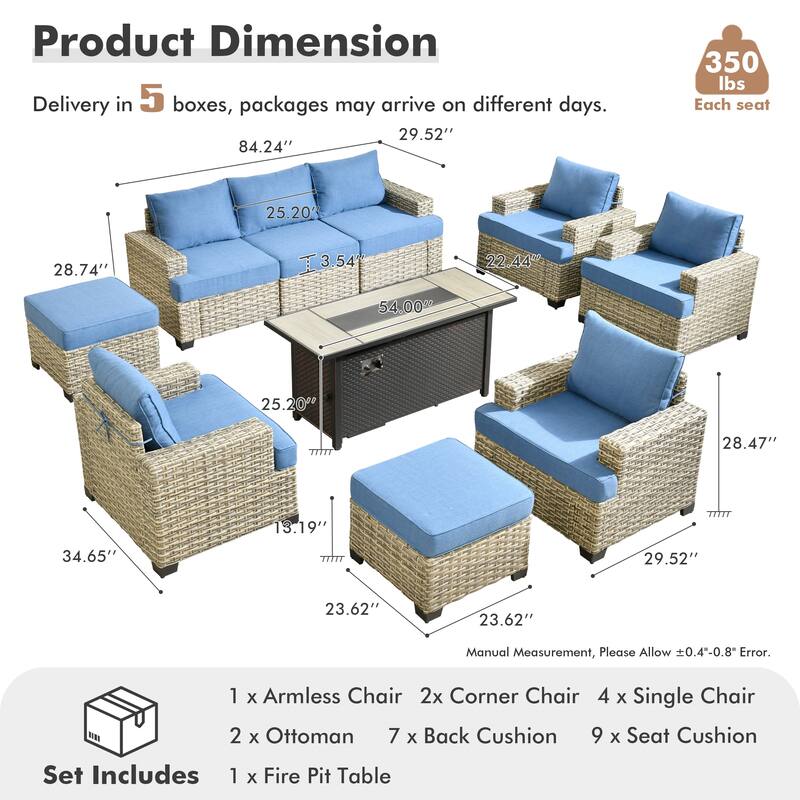 OVIOS 10 Pieces T shaped Seat Wide Armrest Set With Fire Pit