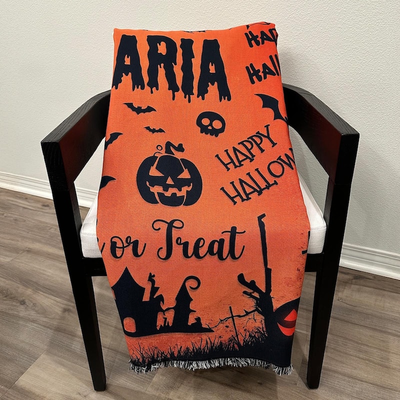 Halloween Personalized Tassel Throw Blanket with Name, Custom Spooky Ghost Pumpkin Blanket, Cozy Halloween Gift