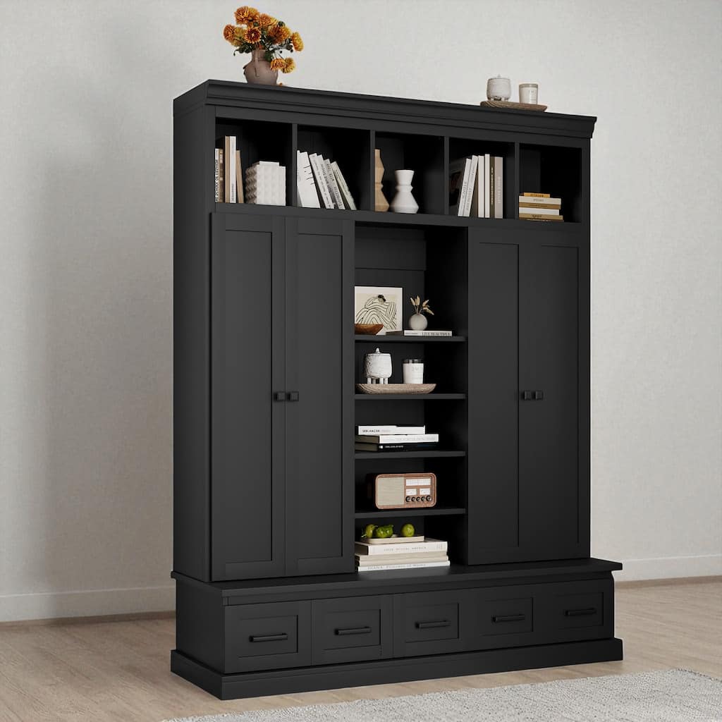 Modern Hall Tree with Bench, 5 Cubbies, 4 Doors & 5 Drawers, Adjustable Shelves, 62.4 x 19.7 x 78.7 in