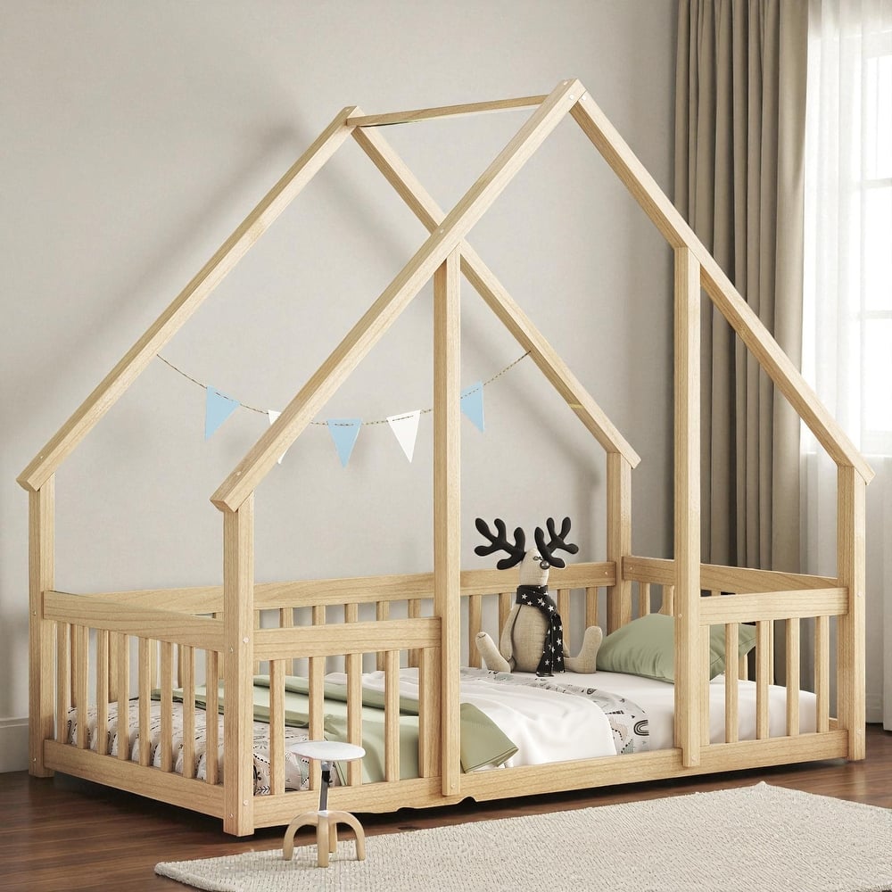 Twin/Full Size Wooden House-Shaped Floor Bed with Fence and Guardrails, Kids Montessori Bed with Roof Frame