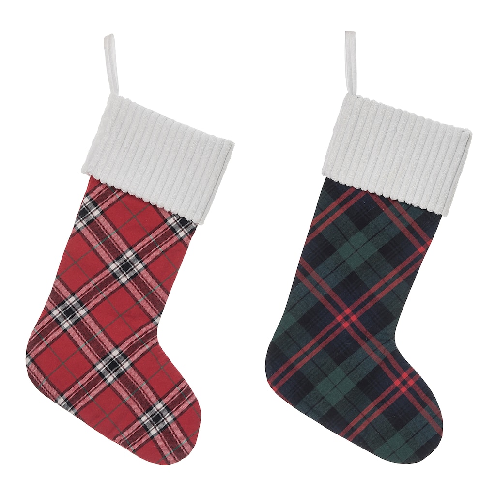 Transpac Fabric Plaid Stocking Set of 2 Christmas Home Decorations