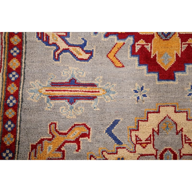 Geometric Kazak Area Rug Hand-Knotted Bedroom Wool Carpet - 4'1" x 6'0"