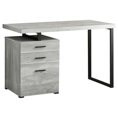 Grey Wood Computer Desk with Drawers and Black Metal Pedestal Base