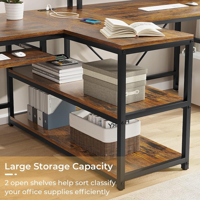 Two Person Double Computer Desk LED Gaming Desk 2 Storage Shelves