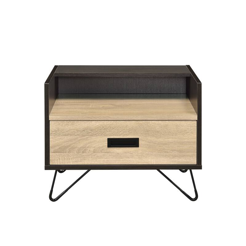 Oak and Black Nightstand with Drawer and Open Shelf