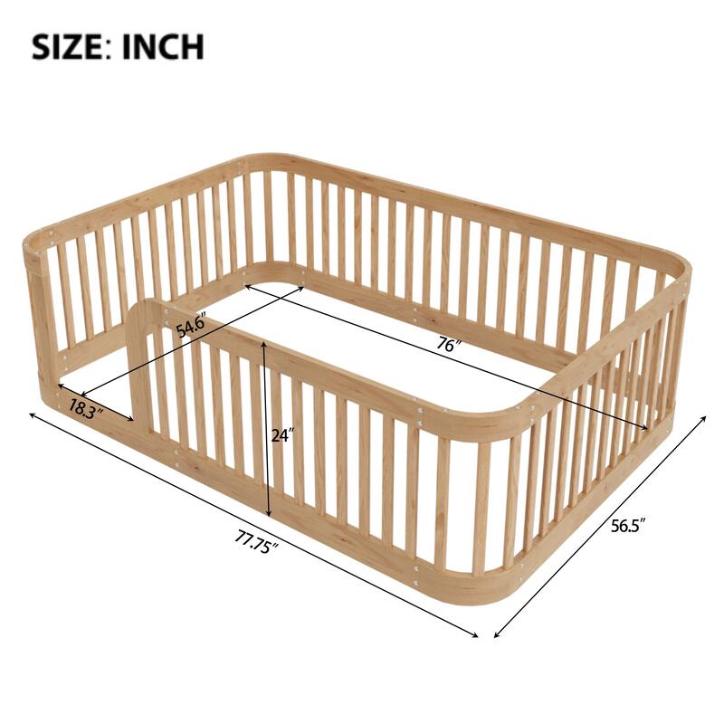 Floor Bed Frame with Fence, Montessori Toddler Bed, No Slats, No Doors, Rounded Corners Wooden Bed