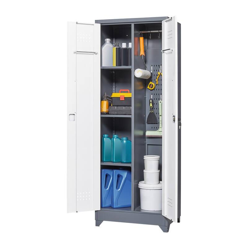 Cleaning Tool Storage Cabinet With Locking Doors And Shelves, Hanging Rod & S-Hooks