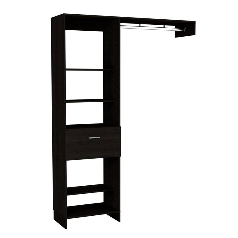 150 Armoire Wardrobe Closet, Metal Rod, Five Open Shelves, One Drawer -Black
