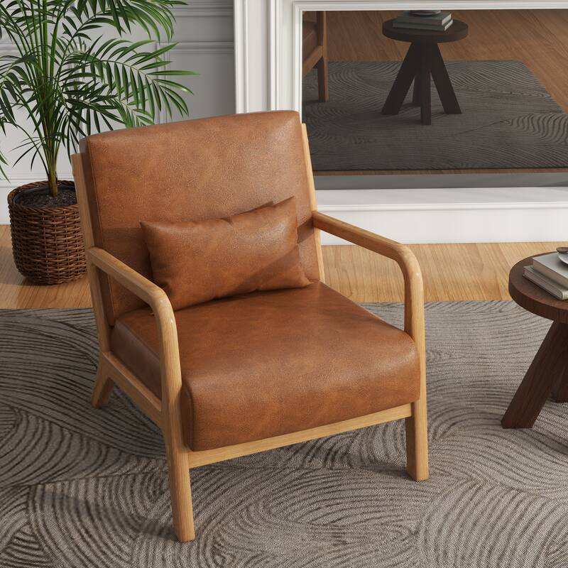 Mid-Century Modern Upholstered Accent Chair with Wood Frame - Natural Wood/PU Leather - Light Brown/PU/Natural Wood