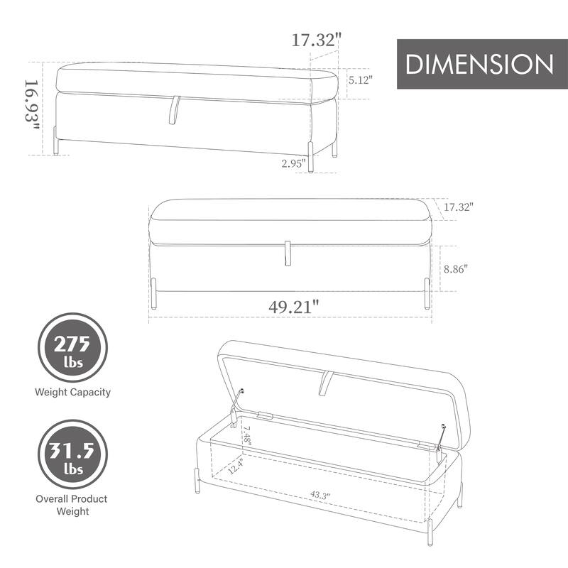 Anmytek 49.21" Wide Velvet Storage Bench Ottoman - Multipurpose Soft Foot Rest with Metal Legs