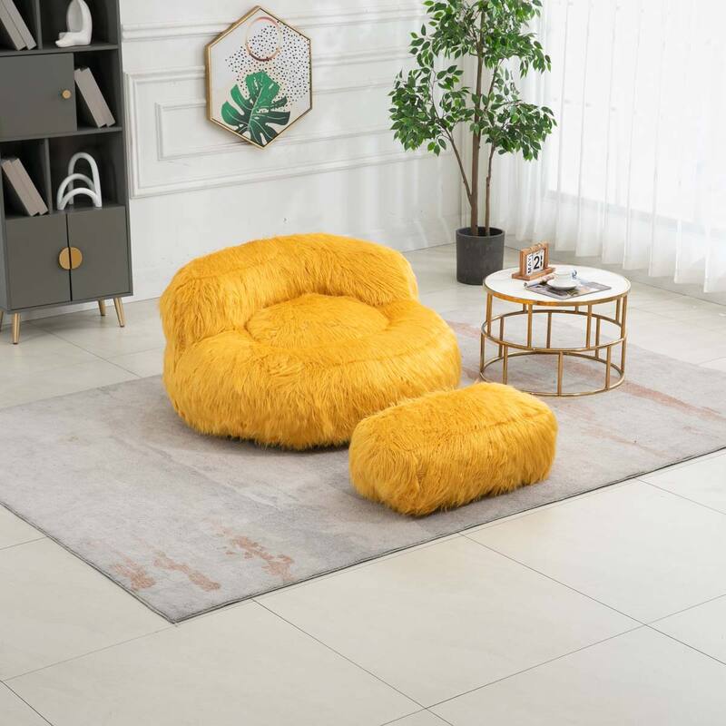Faux fur Lounger High Back Bean Bag Chair Couch with Footstool Bed