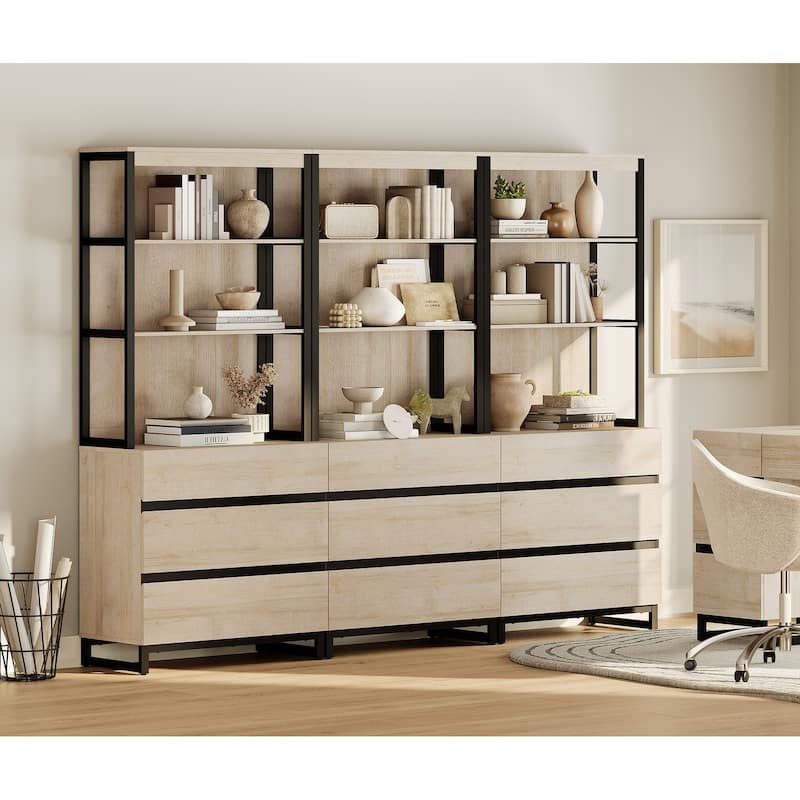 WAMPAT Modern 72" Tall Bookcase with Drawers and Open Book Shelfs, Library Book Shelf for Home Office, Living Room - 3 Piece - Beige