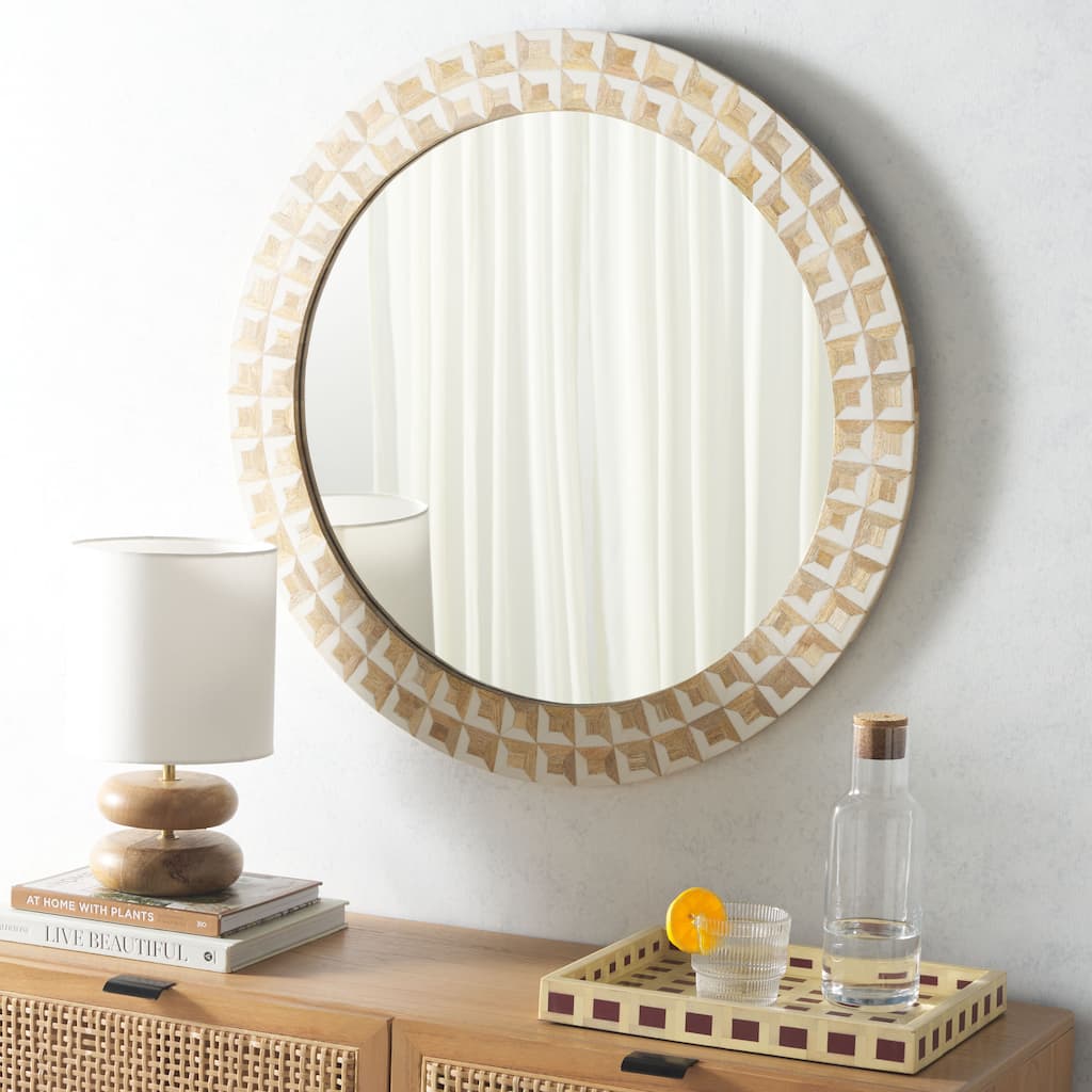 SAFAVIEH Home Aria 29.2-inch Round Antique Ivory/Natural Brown Resin/Mango Wood/MDF Mirror