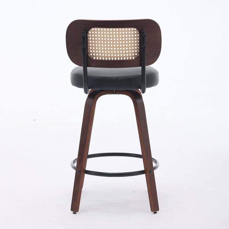 26" Swivel Rattan Bar Stools - Walnut Finish Counter Height Stools with Upholstered Seat