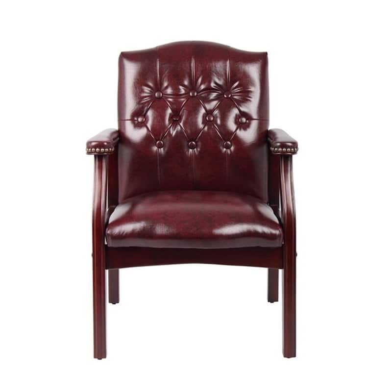 Koe Classic Reception Guest Armchair, Burgundy Tufted Vinyl, Wood Legs