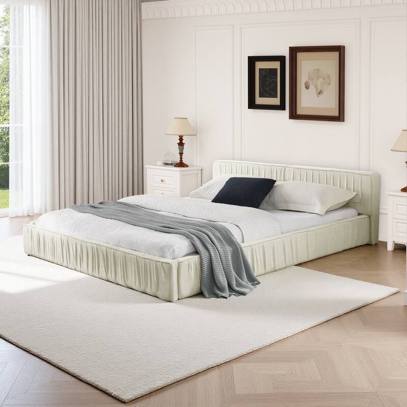 Queen Size Upholstered Bed Frame Chenille Platform Bed with Headboard and Solid Frame