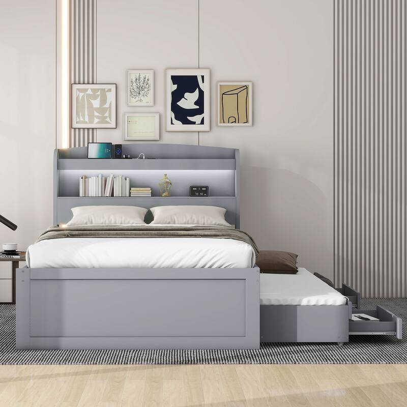 Twin XL Platform Bed with Storage, LED Headboard, Charging Station, Trundle, and Drawers, Gray
