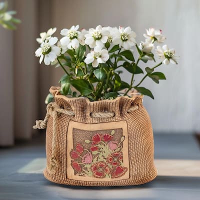 Golden Ceramics Handmade Flower Pot Planter - Pouch - 7.9X9.1X7.5
