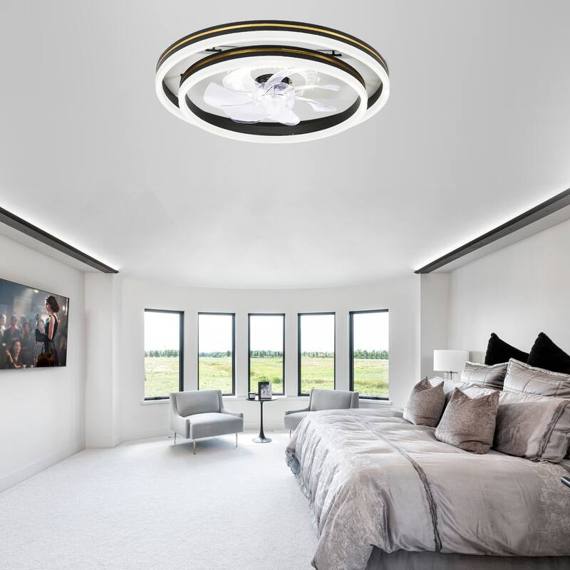 Oaks Aura 20in. LED Smart App Remote Control Low Profile Dual Tier Ceiling Fan Flush Mount Dimmable Bedroom Lighting