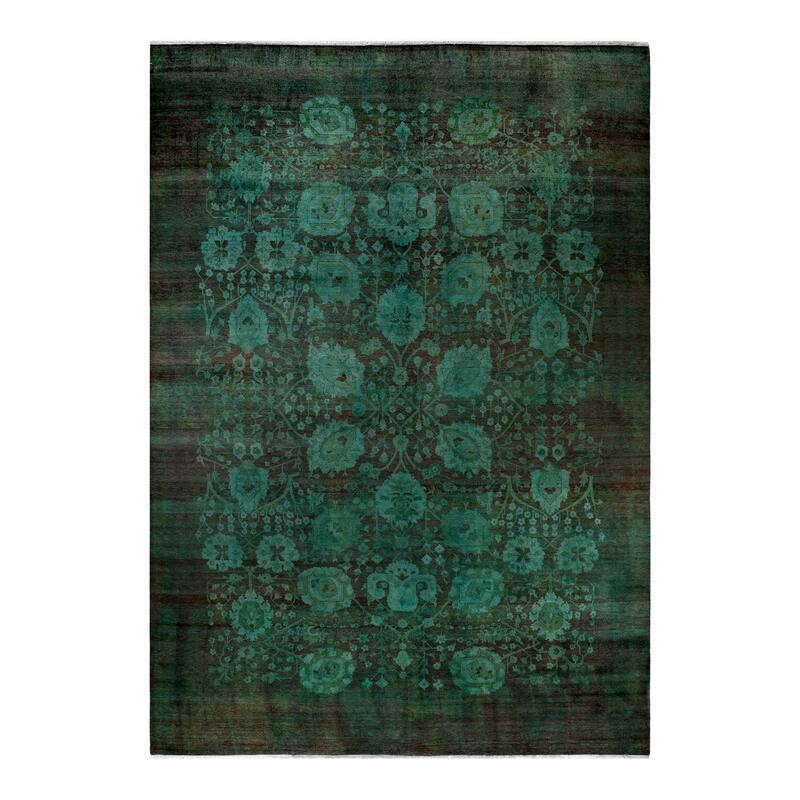 Overton Hand Knotted Wool Vintage Inspired Modern Contemporary Overdyed Green Area Rug - 9' 10" x 14' 1"