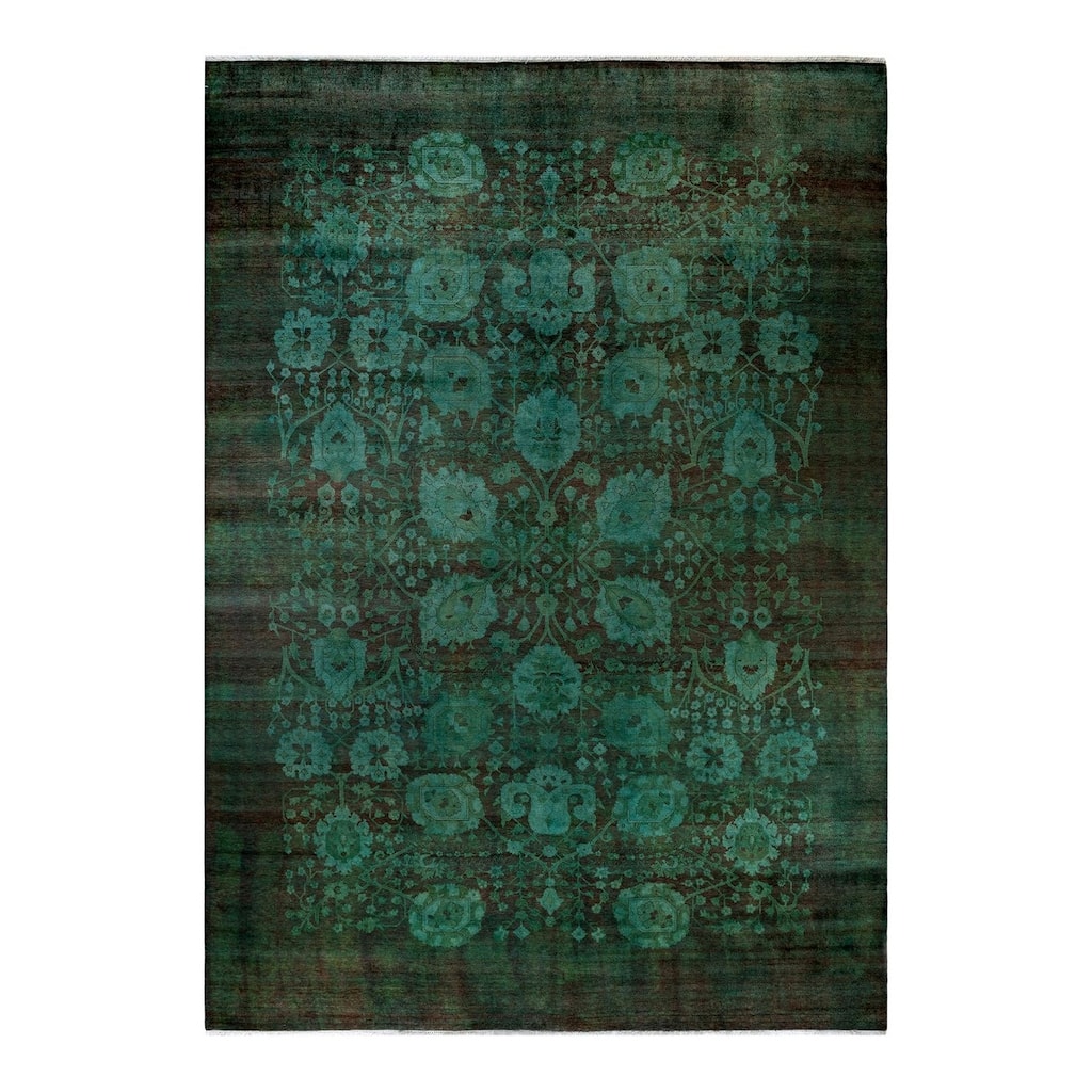Overton Hand Knotted Wool Vintage Inspired Modern Contemporary Overdyed Green Area Rug - 9' 10" x 14' 1"