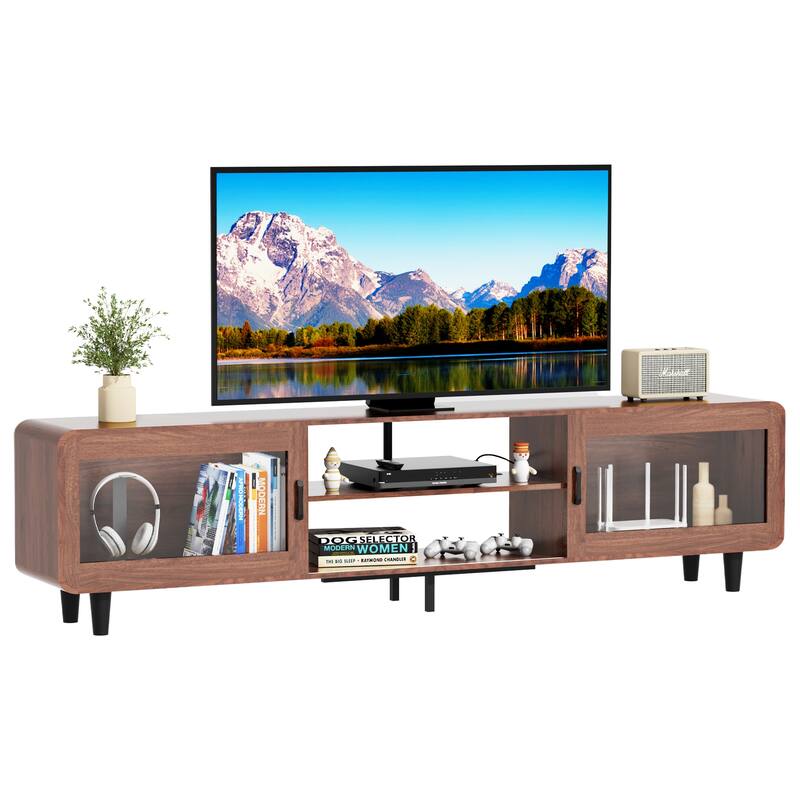 65" Mid Century TV Stand with Glass Doors and Charging Station - Walnut