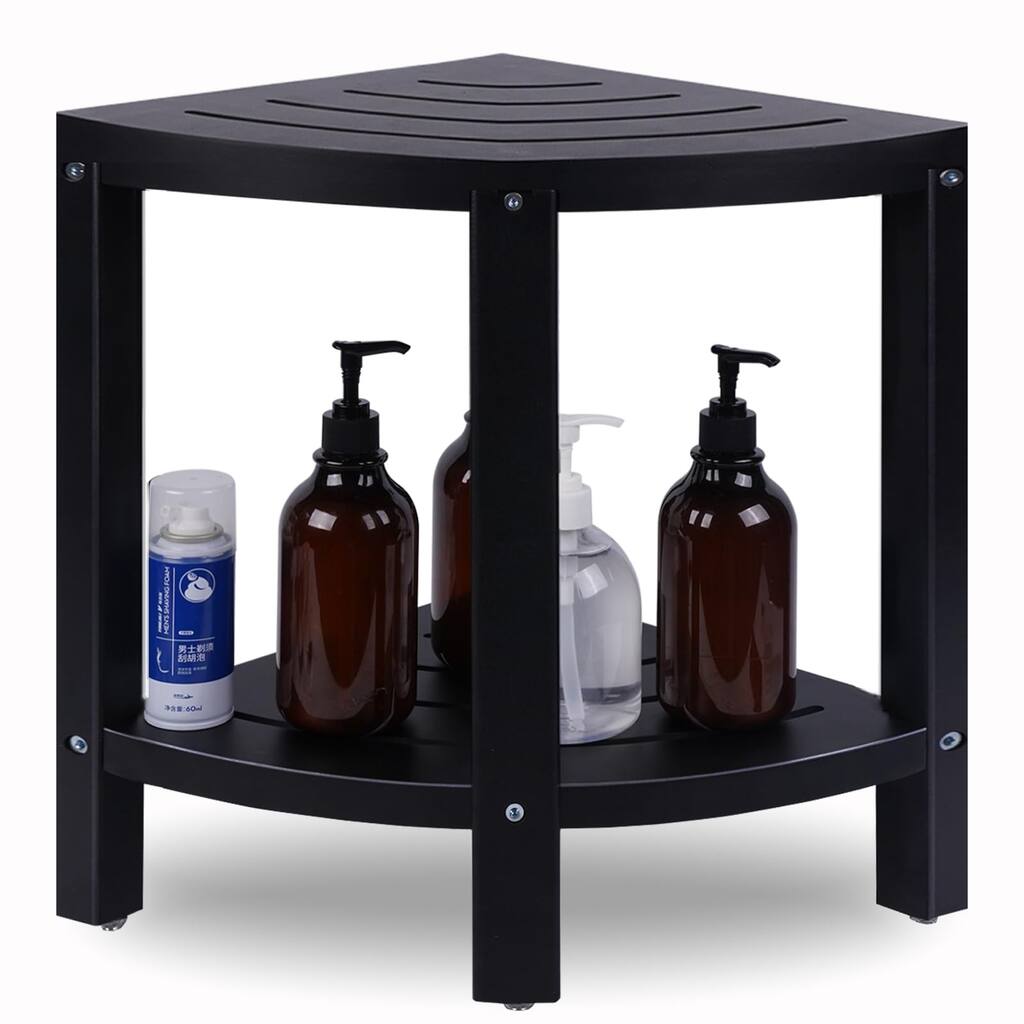 Corner Shower Bench with Storage Shelf,Waterproof Bamboo Corner Shower Stool for Shaving Legs