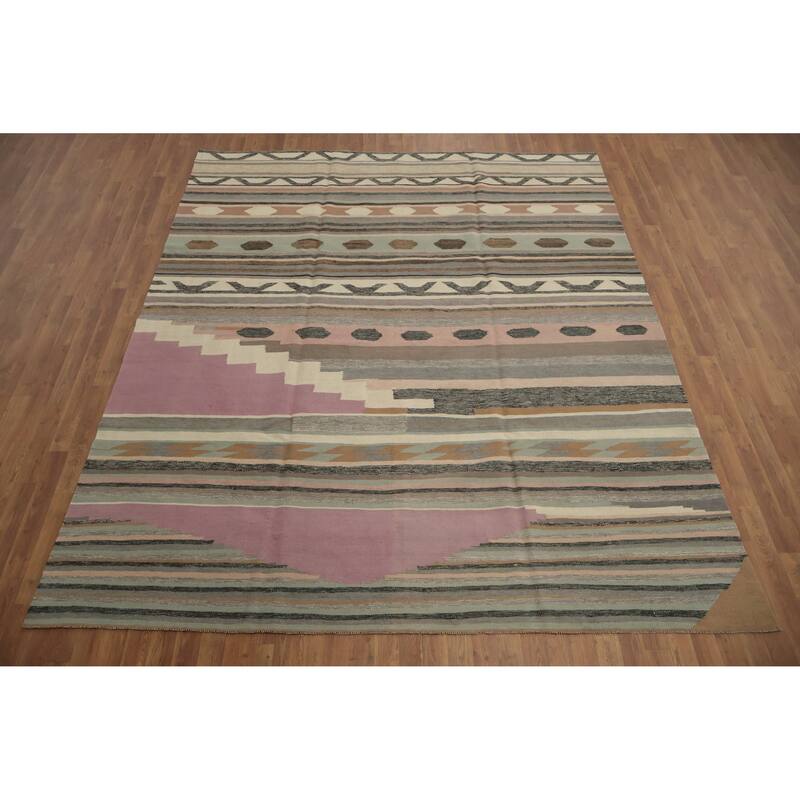 Hand Woven Oriental 100% Wool Carpet Southwestern Tribal Greys & Charcoal Kilim Area Rug - 9' 11'' X 8' 3''