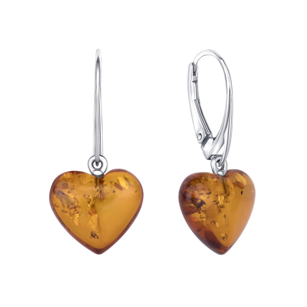 Baltic Amber Heart Earrings Leverback in Sterling Silver