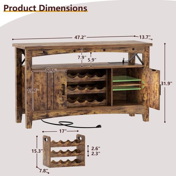 dimension image slide 0 of 5, Farmhouse 47" Wine Bar Cabinet with Power Outlets & LED Lights, Industrial Coffee Bar Liquor Cabinet with Shelves & Wine Rack