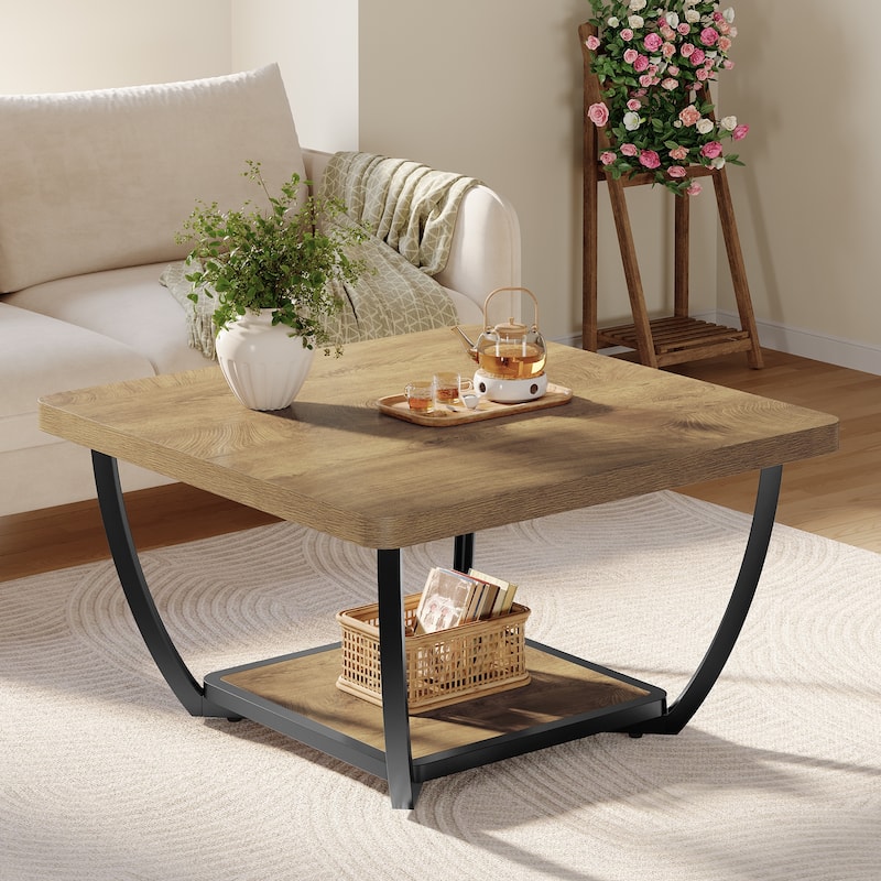 31.5" Square Coffee Table, 2-Tier Storage Shelves Accent Cocktail Table for Living Room