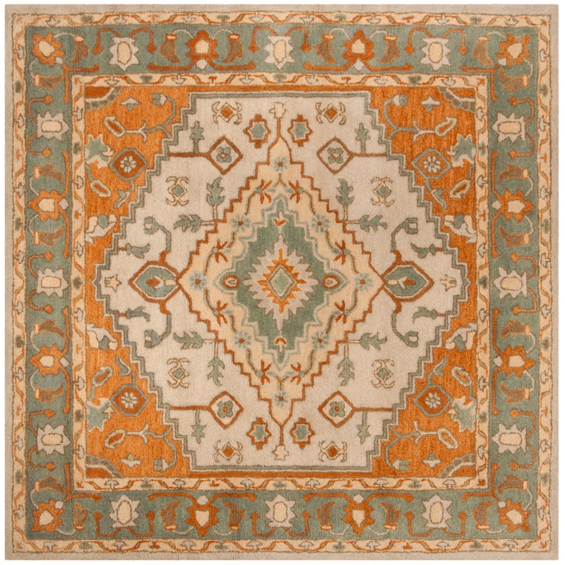 SAFAVIEH Handmade Heritage Seaflora Traditional Oriental Wool Rug - 8' Square - Light Blue/Rust