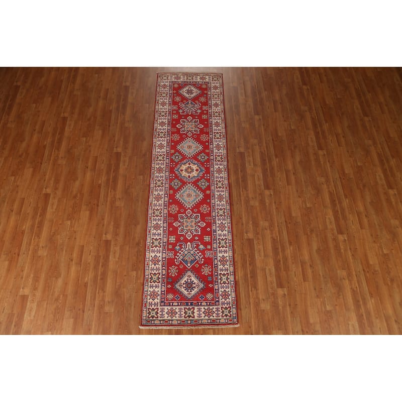 Red Geometric Kazak Oriental Wool Runner Rug Handmade Hallway Carpet - 2'8" x 9'9"