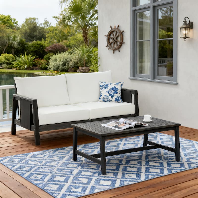 Christopher Knight Home - Nancy 2-Piece Outdoor Acacia Wood Loveseat and Coffee Table Seating Set - Dark Grey+Black Textilene+White cushion