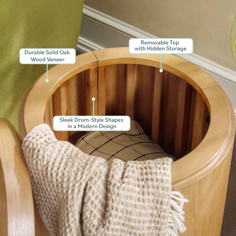 Walker Edison Modern Solid Oak Wood Round Side Tables with Storage (Set of 2)