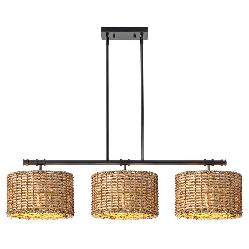 3-Light Modern Farmhouse Black Linear Drum Handwoven Rattan Pendant Light for Kitchen Island