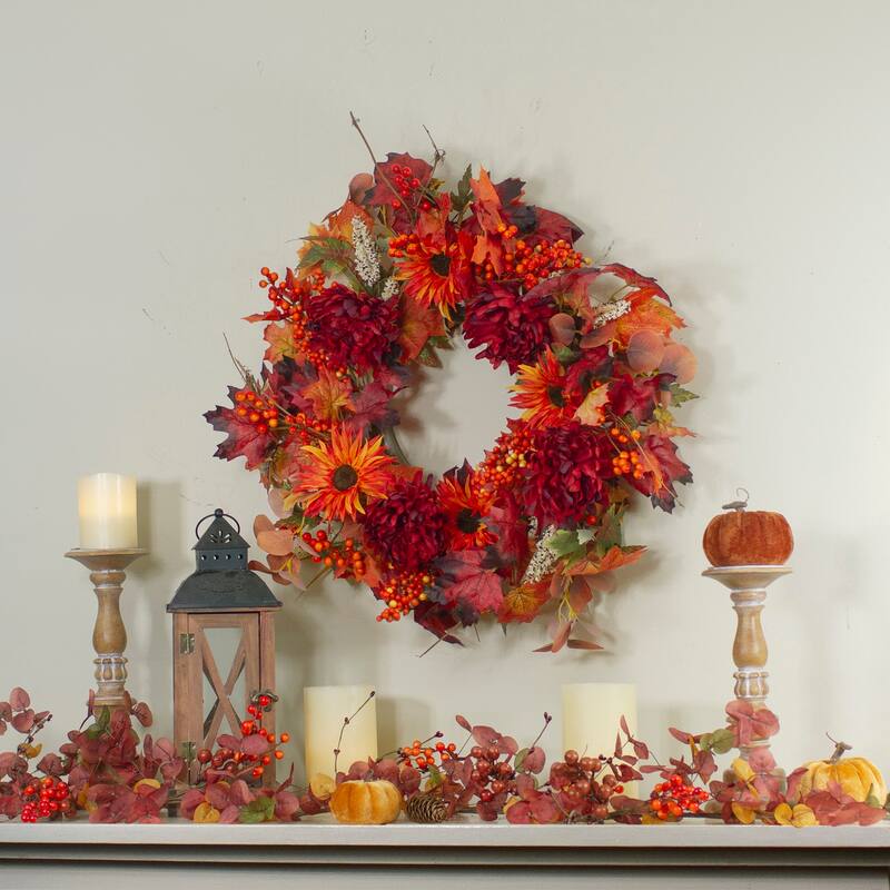 Leaves and Flowers Fall Harvest Wreath - 24-Inch Unlit - 24"