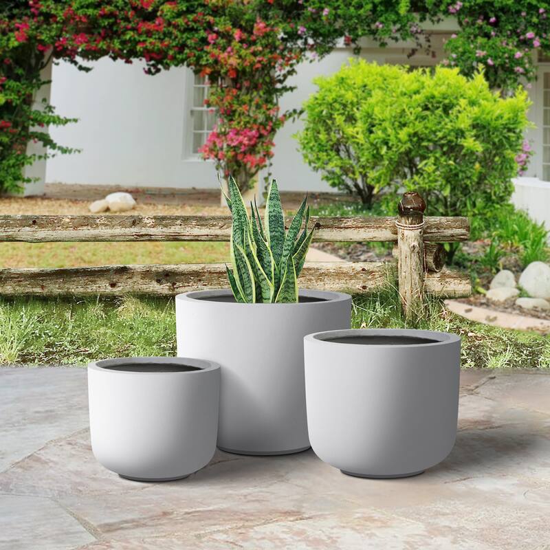 Plantara 13", 11", & 9" D Round Solid Whiteplanter (Set of 3), Concrete Flower pot for Outdoor
