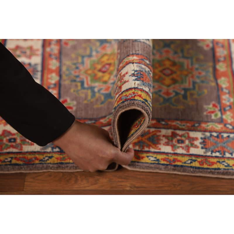 Geometric Kazak Oriental Rug Hand-Knotted Brown Wool Carpet - 2'0"x 3'0"