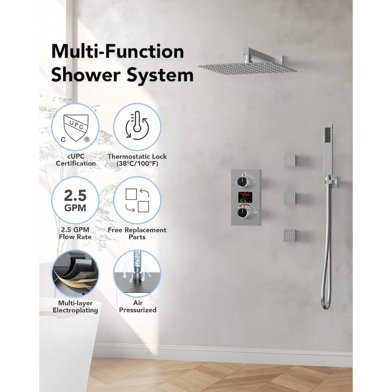 Wall-Mounted Shower Fixture System 12 in Rain Shower Head LCD Digital Thermostatic Valve Shower Faucet Set with 3 Body Jets