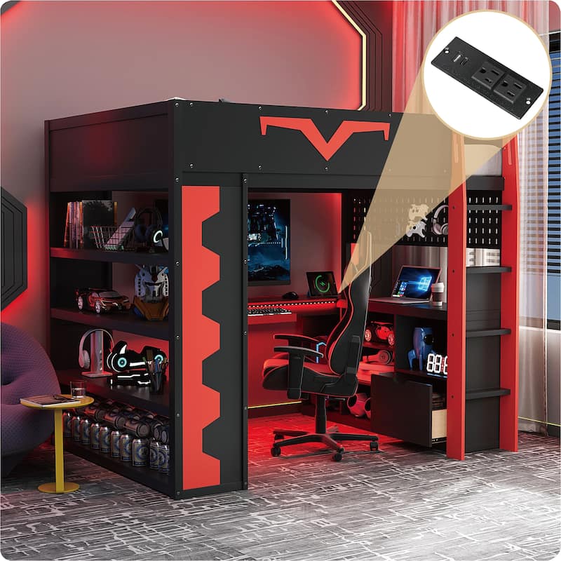 Full Size Gaming Loft Bed with Desk & RGB LED Lights, Pro-Gamer Setup with Pegboard, Keyboard Tray & Storage - Red - Full