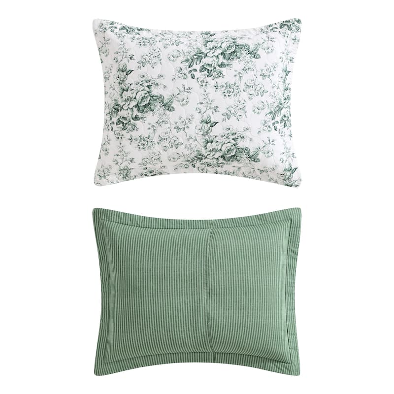 Laura Ashley Toile Delight Cotton Reversible Green Quilt Set