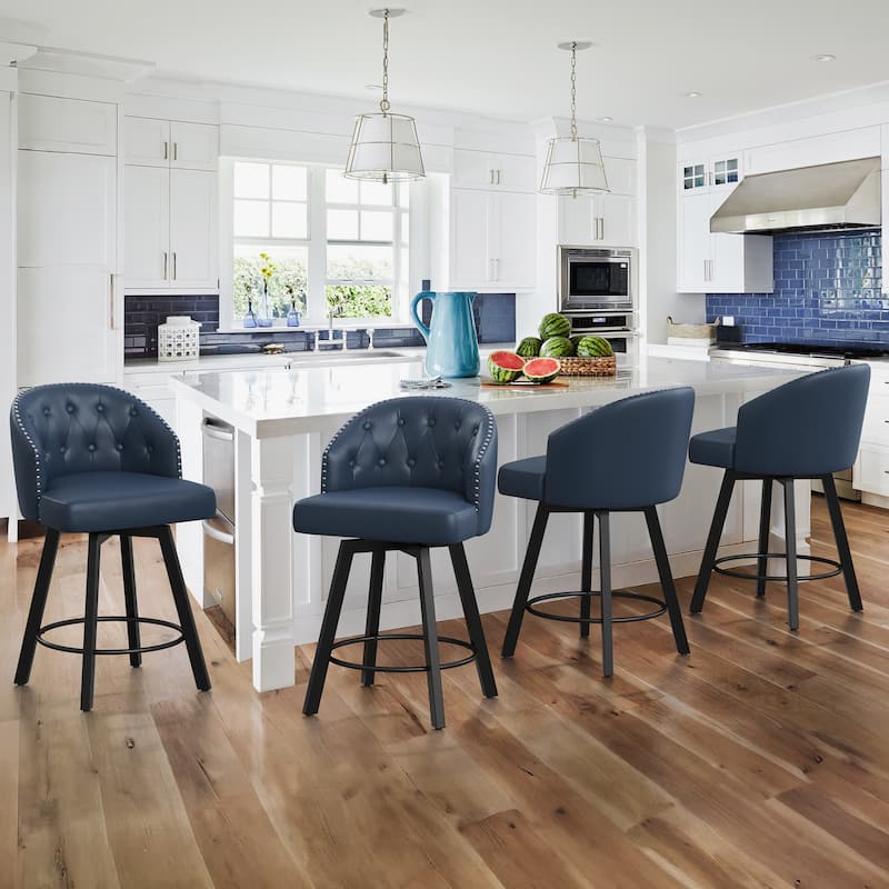 LUE BONA 26" Swivel Counter Height Swivel Bar Stools Set of 4 Upholstered Counter Stools - 26" H - Dark Blue/Leather