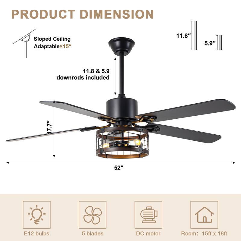 Bella Depot 52" Industrial Cage Ceiling Fan with Light and Remote