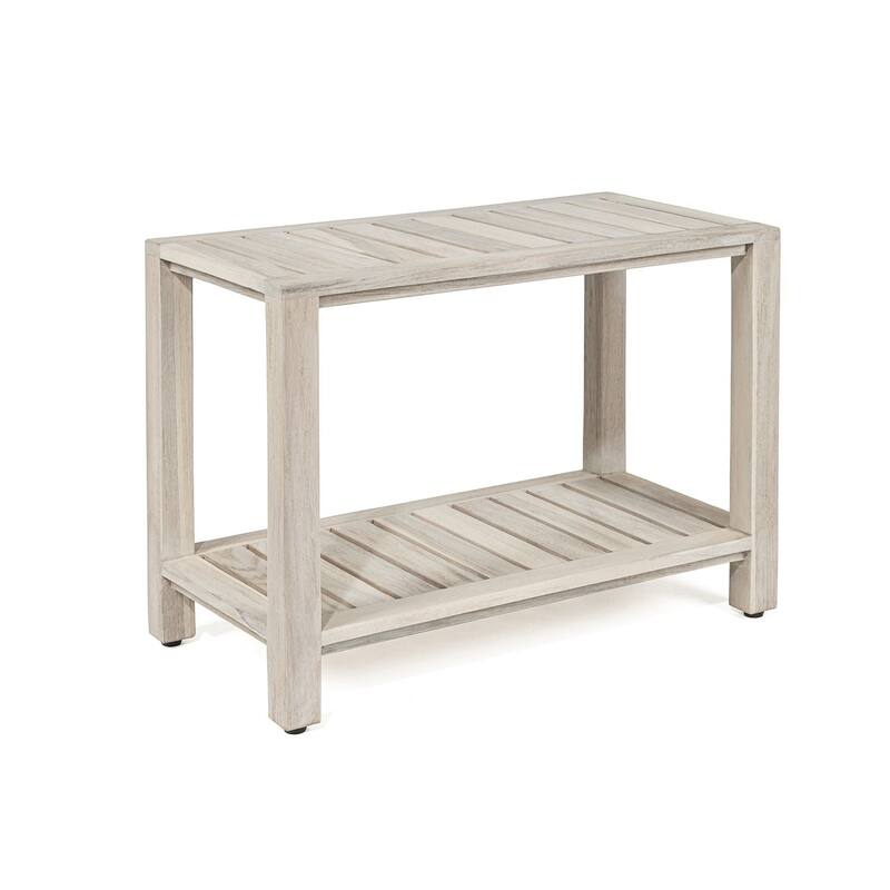 TeakCraft Gray Teak Shower Bench with Shelf 24 Inch - Fully Assembled, Rustic Gray Finish, The LUNI