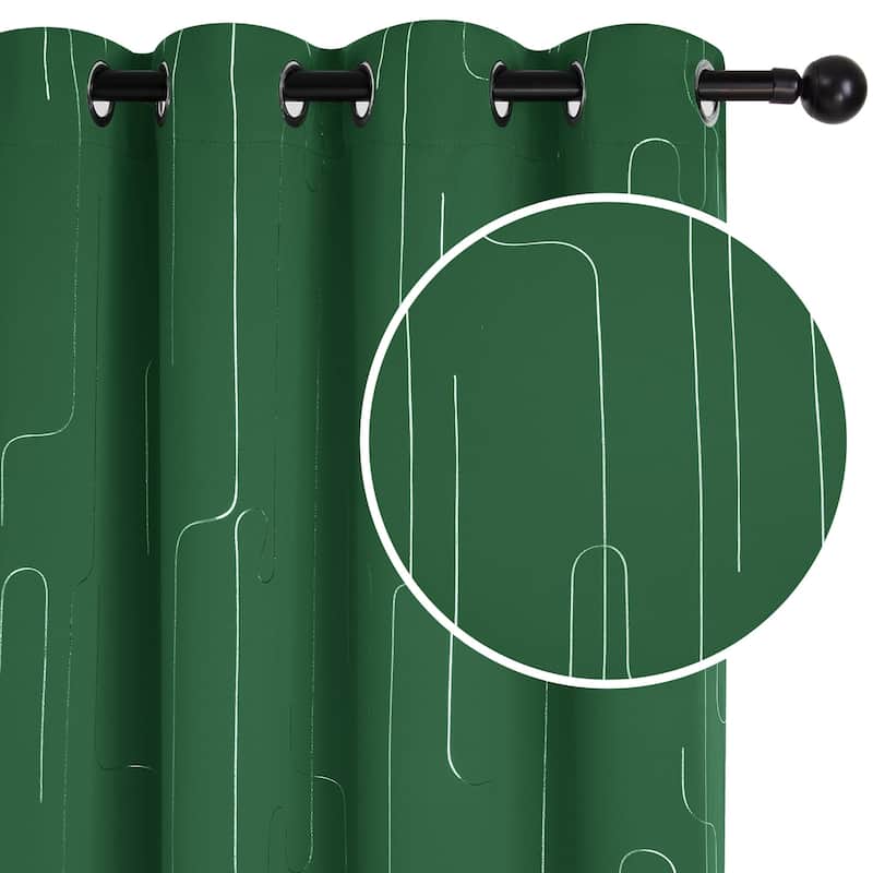 Grommet Curtains, Room Darkening Window Drapes with Lines Foil Print - W52 X L72 - Dark Green