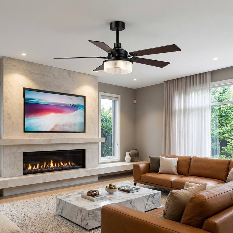 52" Modern Black Reversible 5 Blades Dimmable LED Ceiling Fan with Light and Remote