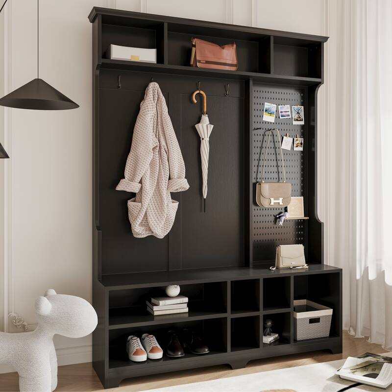 Entryway Bench with 4 Coat Hooks and Storage Pegboard, Modern Hall Tree with Shoe Cabinet for Living Room, Hallways