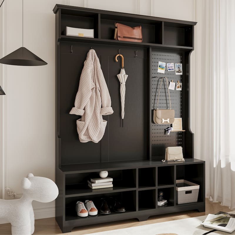 Multipurpose Coat Rack with 4 Hooks, Wood Hall Tree with Shoe Bench, Entryway Bench with Storage Shelves and Shoe Storage - Black